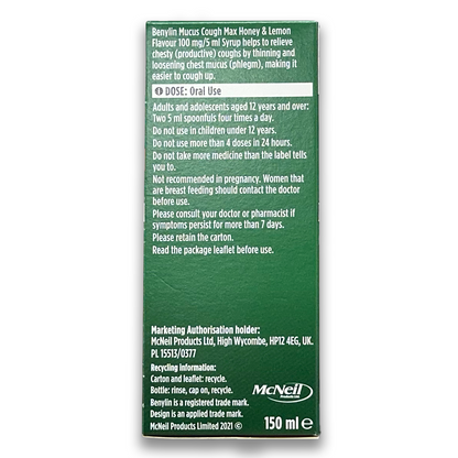 Benylin Mucus Cough MAX 100mg/5ml Syrup - Honey and Lemon - Rightangled